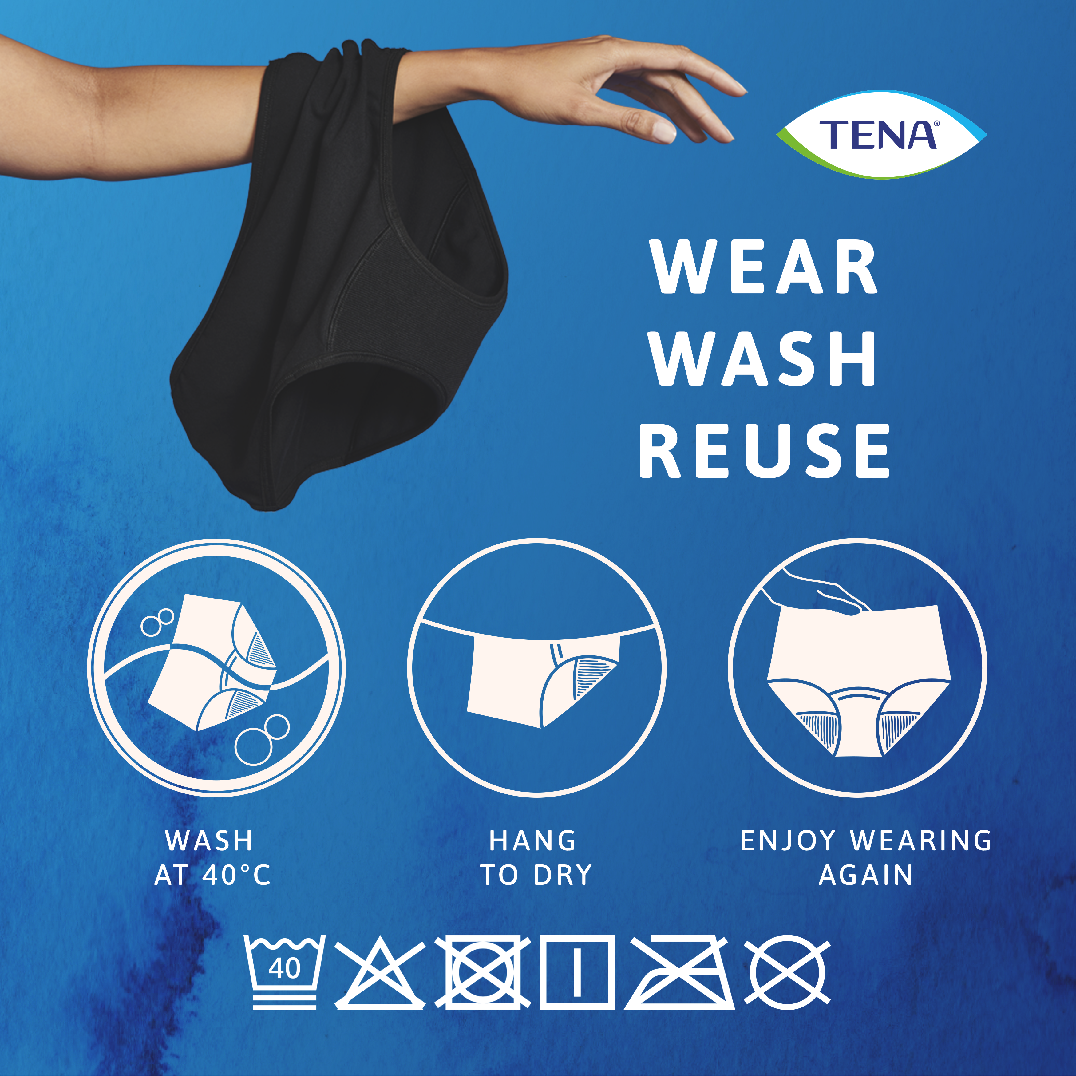 Waschanleitung für TENA waschbare Unterwäsche aus weicher Baumwolle, die nach Gebrauch gewaschen und wiederverwendet werden kann Waschanleitung für TENA waschbare Unterwäsche aus weicher Baumwolle, die nach Gebrauch gewaschen und wiederverwendet werden kann